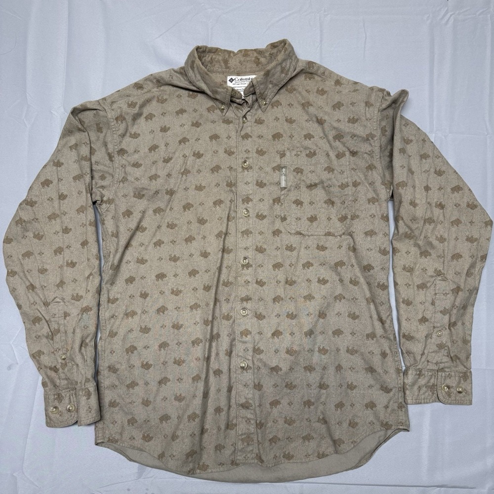 Columbiaโ Mens Medium Tan Long Sleeve Button Up Buffalo AOP